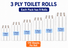 Classic Toilet Rolls 3 Ply Quilted Tissue Bulk Luxury Soft Strong Paper