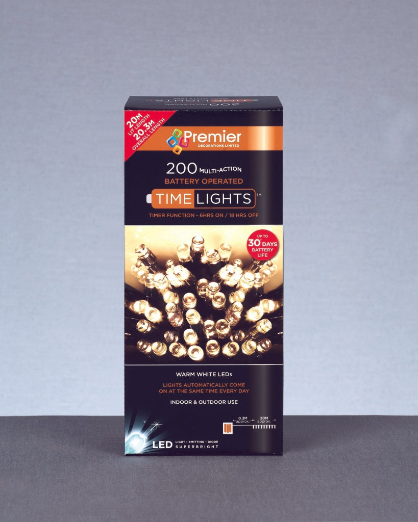 Premier 200 LED Multi Action Battery Operated TIMELIGHTS™ Warm White/Green Cable