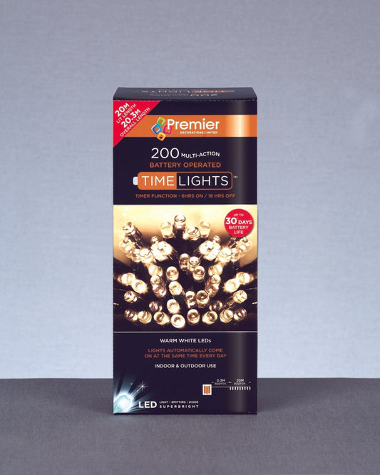 Premier 200 LED Multi Action Battery Operated TIMELIGHTS™ Warm White/Green Cable