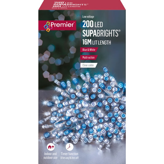 Premier 200 LED Multi Action Supabrights With Timer Blue & White/Clear Cable