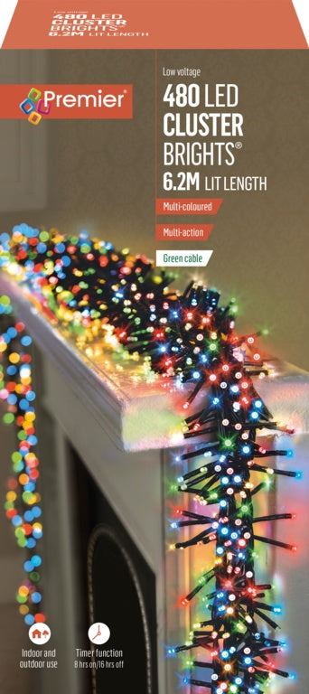 Premier 480 LED Multi Action Supabrights Cluster Lights With Timer Multi/Green Cable