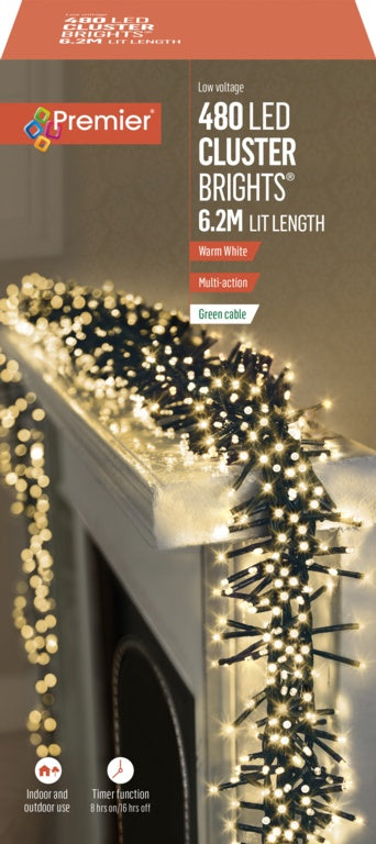 Premier 480 LED Multi Action Supabrights Cluster Lights With Timer Warm White/Green Cable