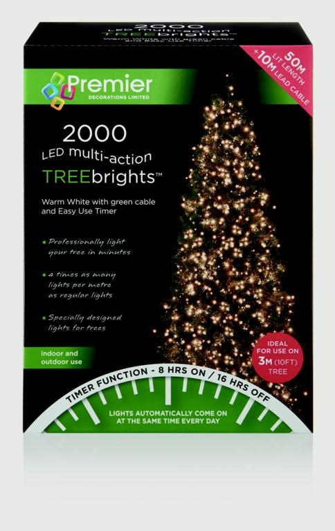 Premier 2000 LED Multi Action Treebrights With Timer Warm White/Green Cable
