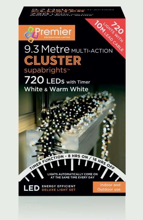 Premier 720 LED Multi Action Supabrights Cluster Lights With Timer White/Warm White/Green Cable