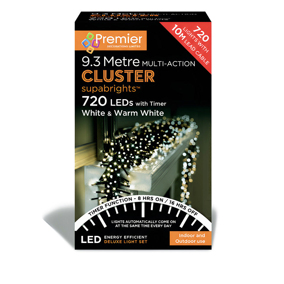 Premier 720 LED Multi Action Supabrights Cluster Lights Timer Warm White/Green