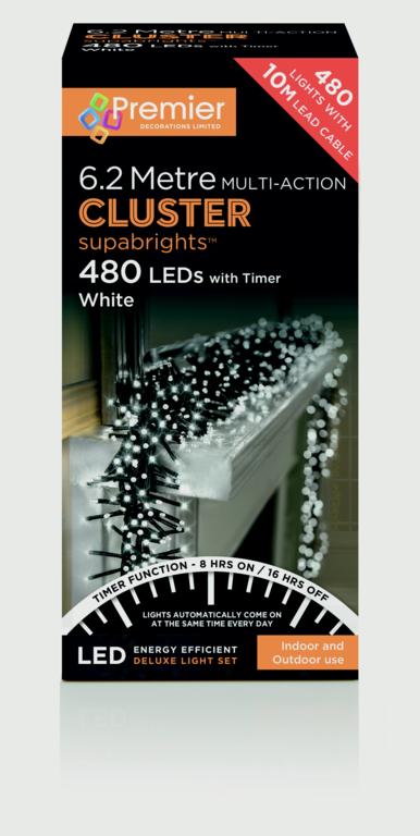 Premier 480 LED Multi Action Supabrights Cluster Lights With Timer White/Green Cable