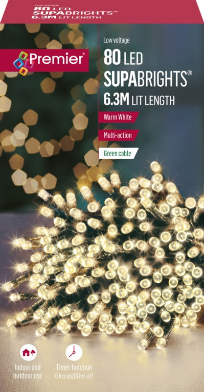 Premier 80 LED Multi Action Supabrights With Timer Warm White/Green Cable
