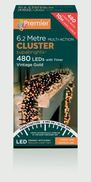 Premier 480 LED Multi Action Supabrights Cluster Lights With Timer Vintage Gold/Green Cable