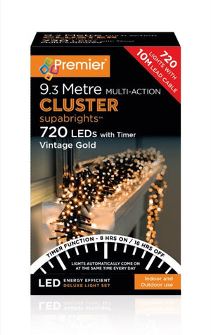 Premier 720 LED Multi Action Supabrights Cluster Lights With Timer Vintage Gold/Green Cable