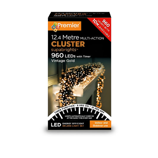 Premier 960 LED Supabrights Cluster Lights Timer Vintage Gold Green Christmas