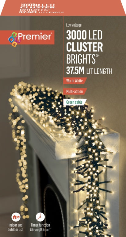 Premier 3000 LED Multi Action Cluster Brights With Timer Warm White/Green Cable