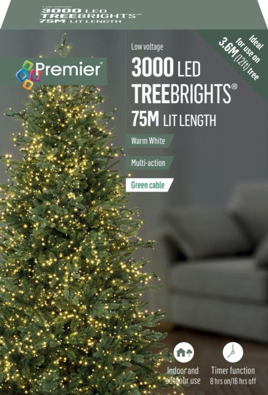 Premier 3000 LED Multi Action Treebrights With Timer Warm White/Green Cable
