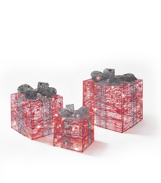 Premier 3 Piece Red Parcel Set with Silver Bow Christmas Light Decoration