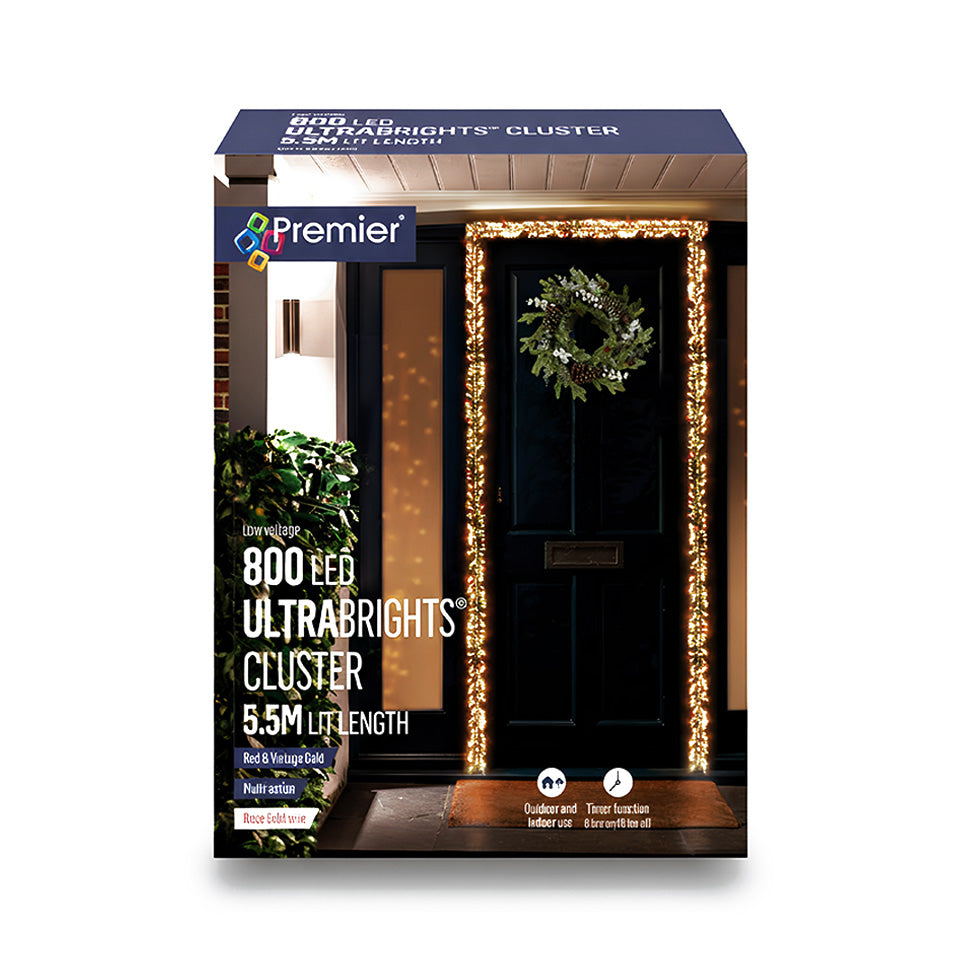 Premier 800 LED Rose Gold Ultra Bright Cluster Red Vintage Gold Christmas Lights 5.5m