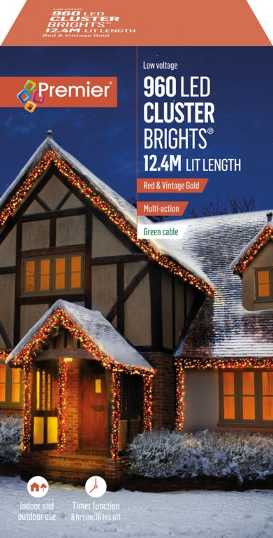 Premier 960 LED Multi Action Cluster Brights With Timer Red & Vintage Gold/Green Cable