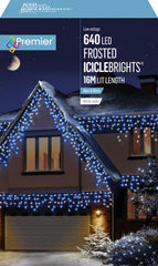 Premier Multi Action 640 LED Frosted Cap Icicles Blue & White/White Cable