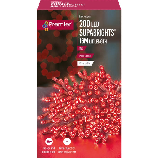 Premier 200 LED Multi Action Supabrights With Timer Red Clear Cable