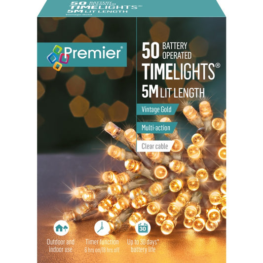 Premier 50 LED Multi Action Battery Operated TIMELIGHTS™ Vintage Gold/Clear Cable
