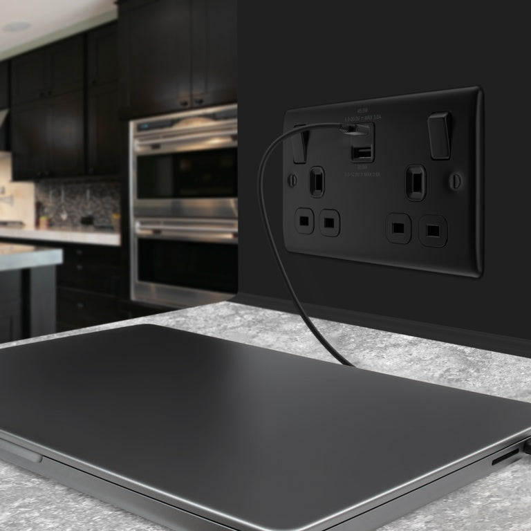 BG Double Power Socket With USB 13a Matt Black