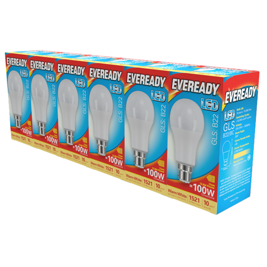 Eveready LED GLS BC B22 Pack 6 3000k/1521lm
