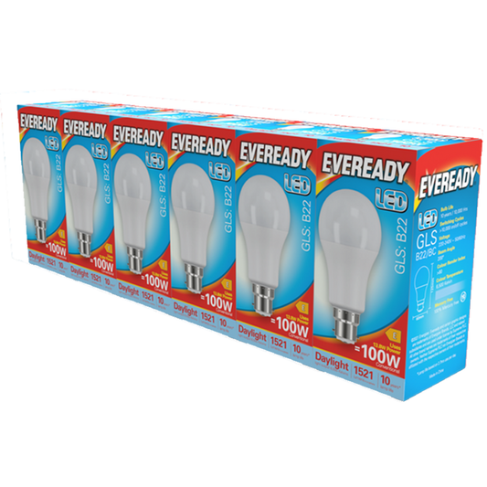 Eveready LED GLS BC B22 Pack 6 3000k/1521lm