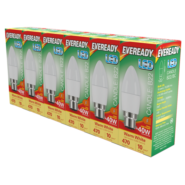 Eveready LED BC Candle B22 Pack 6 3000k/470lm
