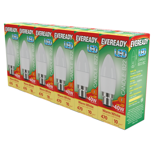 Eveready LED BC Candle B22 Pack 6 3000k/470lm
