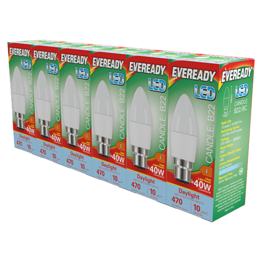 Eveready LED BC Candle B22 Pack 6 3000k/470lm