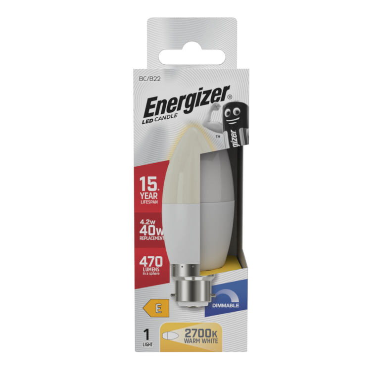 Energizer LED Candle 470lm Opal B22 Dimmable 4.2w