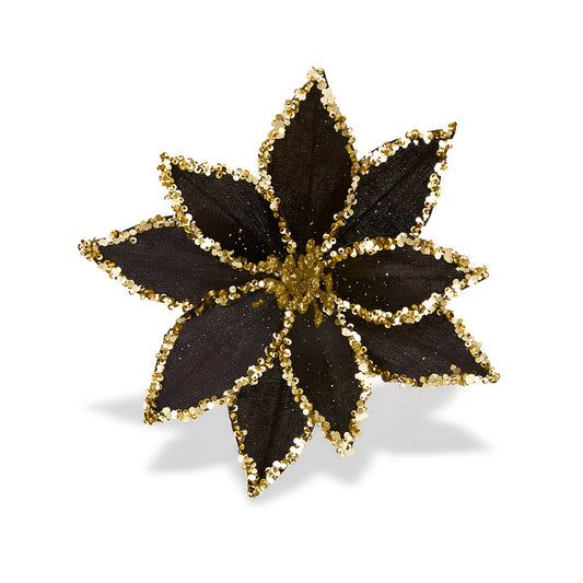 Premier Black Poinsettia Clip On 20cm with Gold Beading & Sequins Christmas Decor