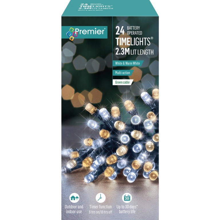 Premier 24 LED Multi Action Battery Operated TIMELIGHTS™ White/Warm White/Green Cable