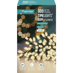 Premier 600 LED Multi Action Battery Operated TIMELIGHTS™ White/Warm White/Green Cable