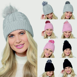 RJM Ladies Cable Hat With 3 Detachable Pompom Assorted Colours Available