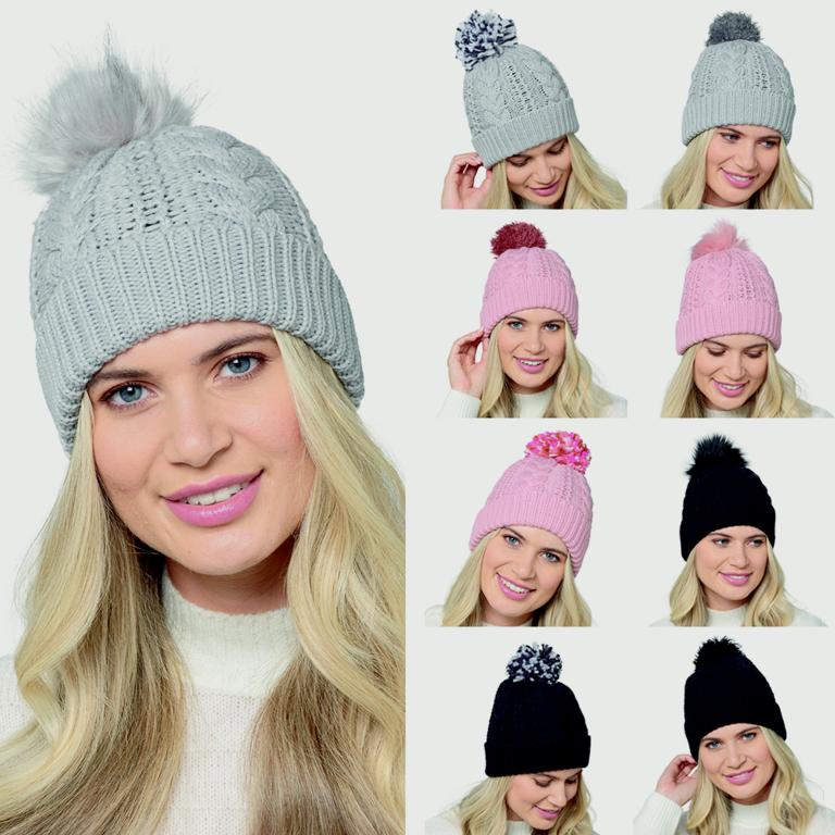 RJM Ladies Cable Hat With 3 Detachable Pompom Assorted Colours Available