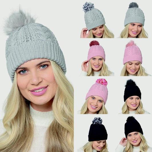 RJM Ladies Cable Hat With 3 Detachable Pompom Assorted Colours Available