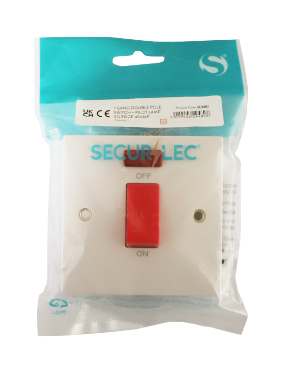 Securlec 1 Gang Double Pole Switch & Pilot Lamp Square Edge