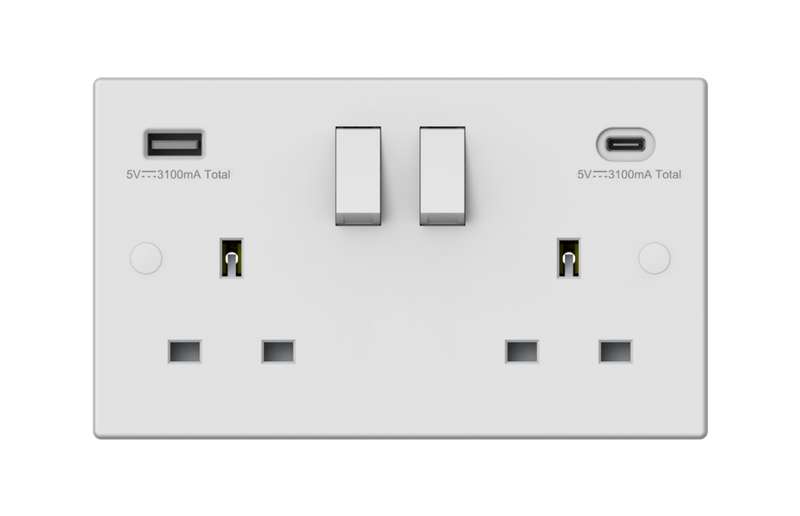 Securlec Switched Socket With USB A + C Double Pole Square Edge