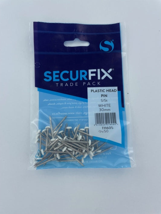 Securfix Stainless Steel Plastic Headed Pin White 30mm 50 Pack