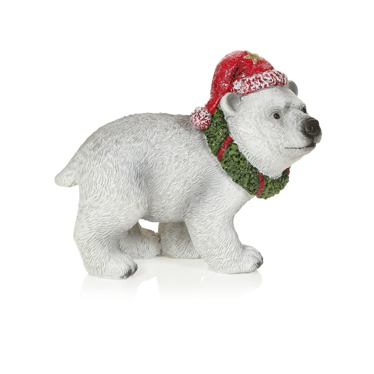 Premier Poly Resin Polar Bear With Santa Hat & Wreath 13cm