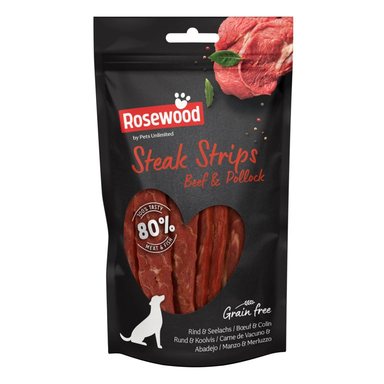 ROSEWOOD Steak Strips Beef & Pollock Dog Treats 100g