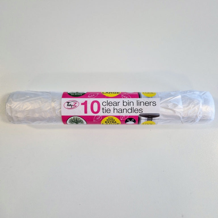 Tidyz Clear Bin Liners With Tie Handle 100L Roll 10