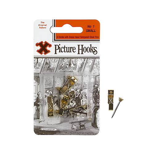 X Original Patent Steel Picture Hooks Brass Plated (Blister Pack) No.1