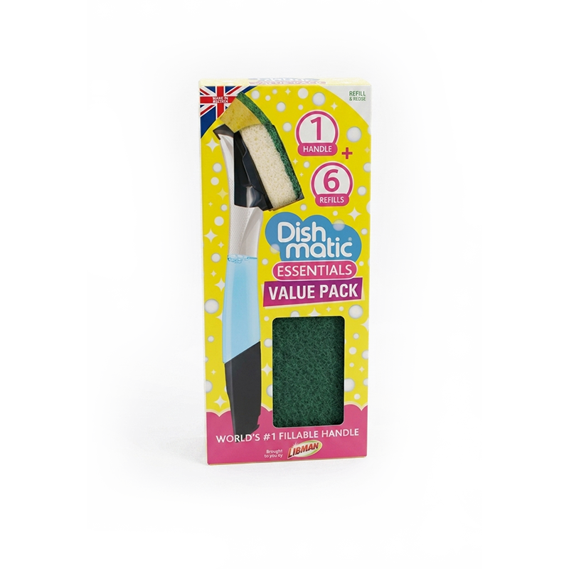 Dish Matic Washing Up Brush Sponge with Liquid Dispenser & Dishmatic Refill Heads