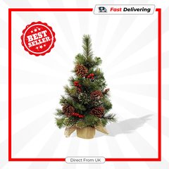 Kaemingk Snowy Mini Christmas Tree 45cm Green/White Berries Pine Cones Decor