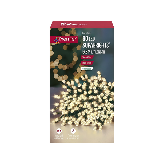 Premier 80 LED Supabrights Warm White Lights with Timer Green Cable Indoor