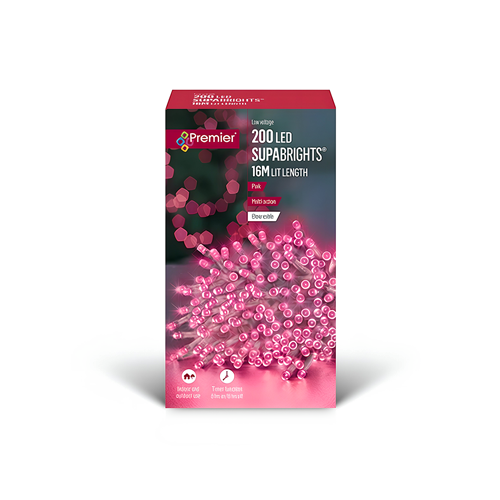 Premier 200 LED Multi Action Supabrights With Timer Pink/Clear Cable