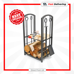 Manor Black Log Station Slim 73x46x30cm Fireplace Wood Holder Rack Storage