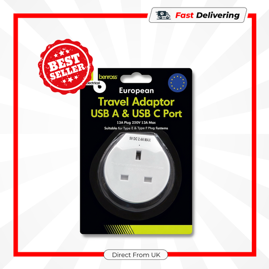 Benross European Travel Adapter 1 Way Plug USB-A USB-C Phone Charger