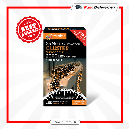 2000 LED Multi Action Supabrights Cluster Lights Vintage Gold Green Cable Timer