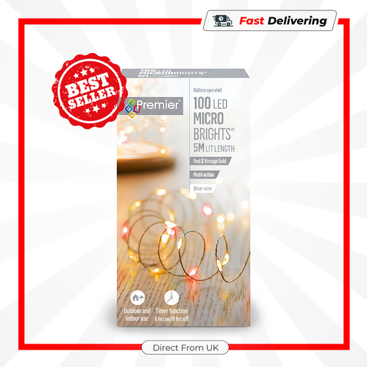Premier Battery Operated Microbrights 100 LED Red Vintage Gold Christmas Lights
